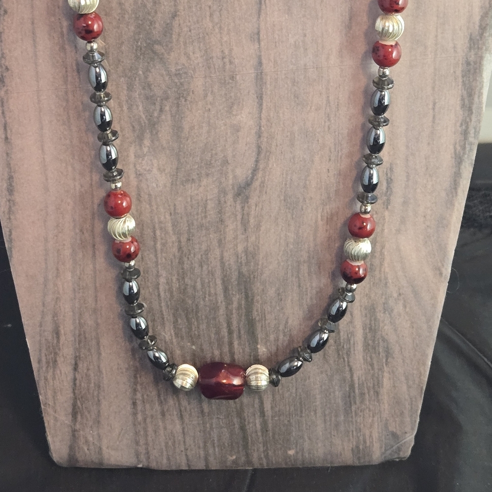 Elegant Red and Silver Beaded Necklace